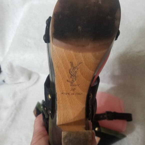 PRICE DROP-YSL Rare Olive & Black Leather Wood Heels - Picture 11 of 11